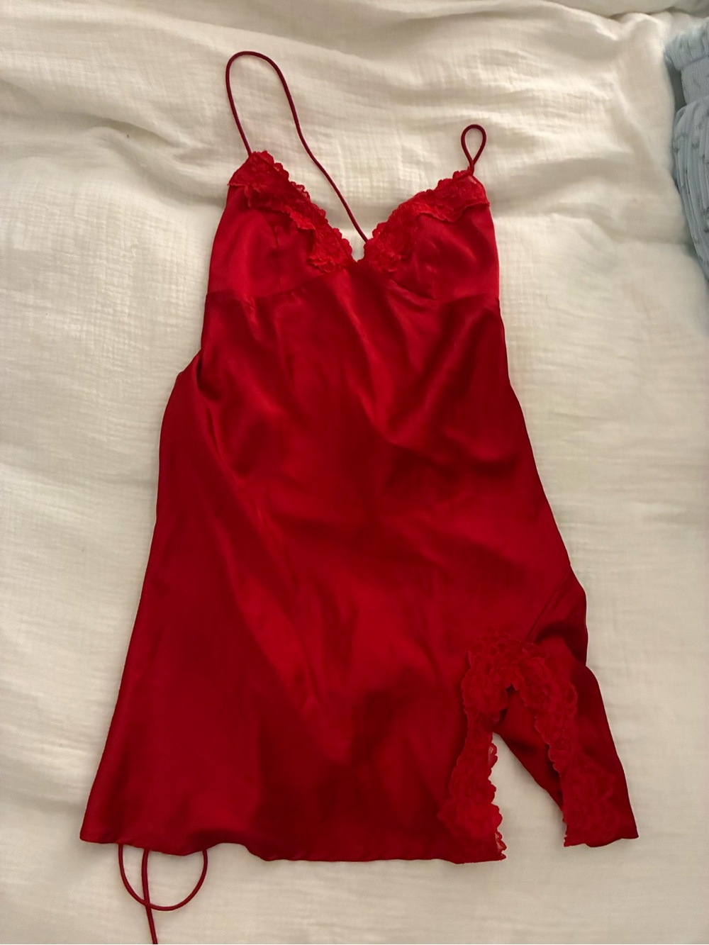 Red Lace-Trim Satin Slip Dress